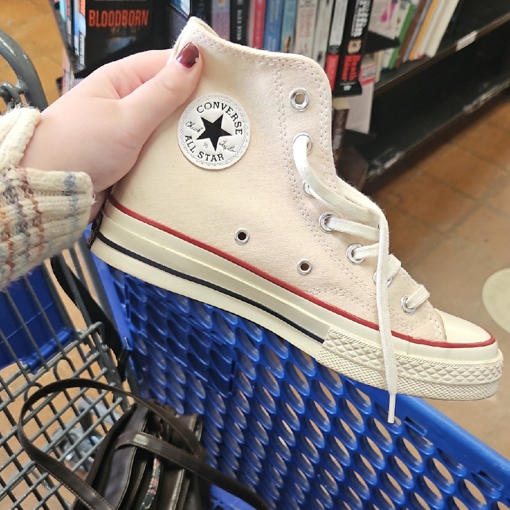 Converse Cream High-Tops with Red Stripe